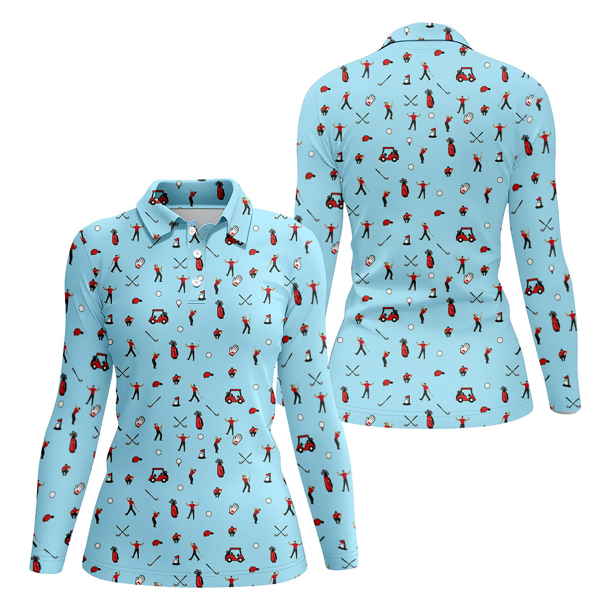 Blue Golf Player Pattern Polo Shirt, Women's Golf Tops, Ladies Golf Shirt