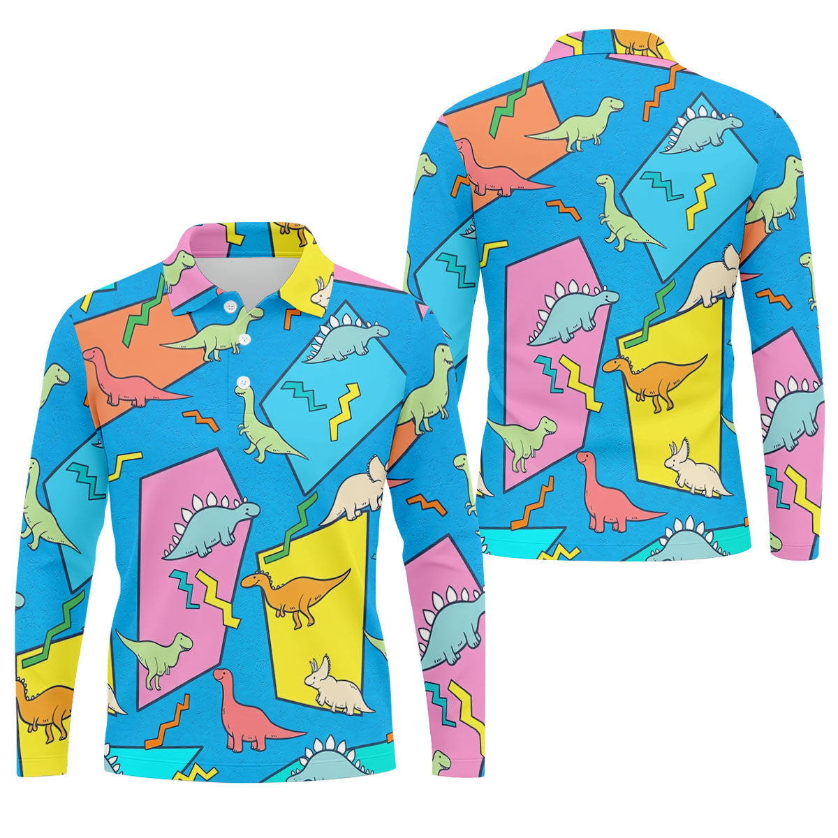 Retro Colorful Dinosaur Pattern Golf Shirt, Men's Golf Shirt, Golf Apparel For Men