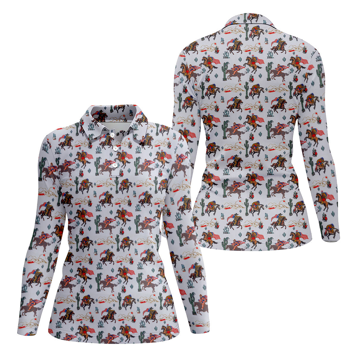 Patriotic Cowboy Horse Pattern Golf Polo Shirt, Ladies Golf Shirts, Women's Golf Polo