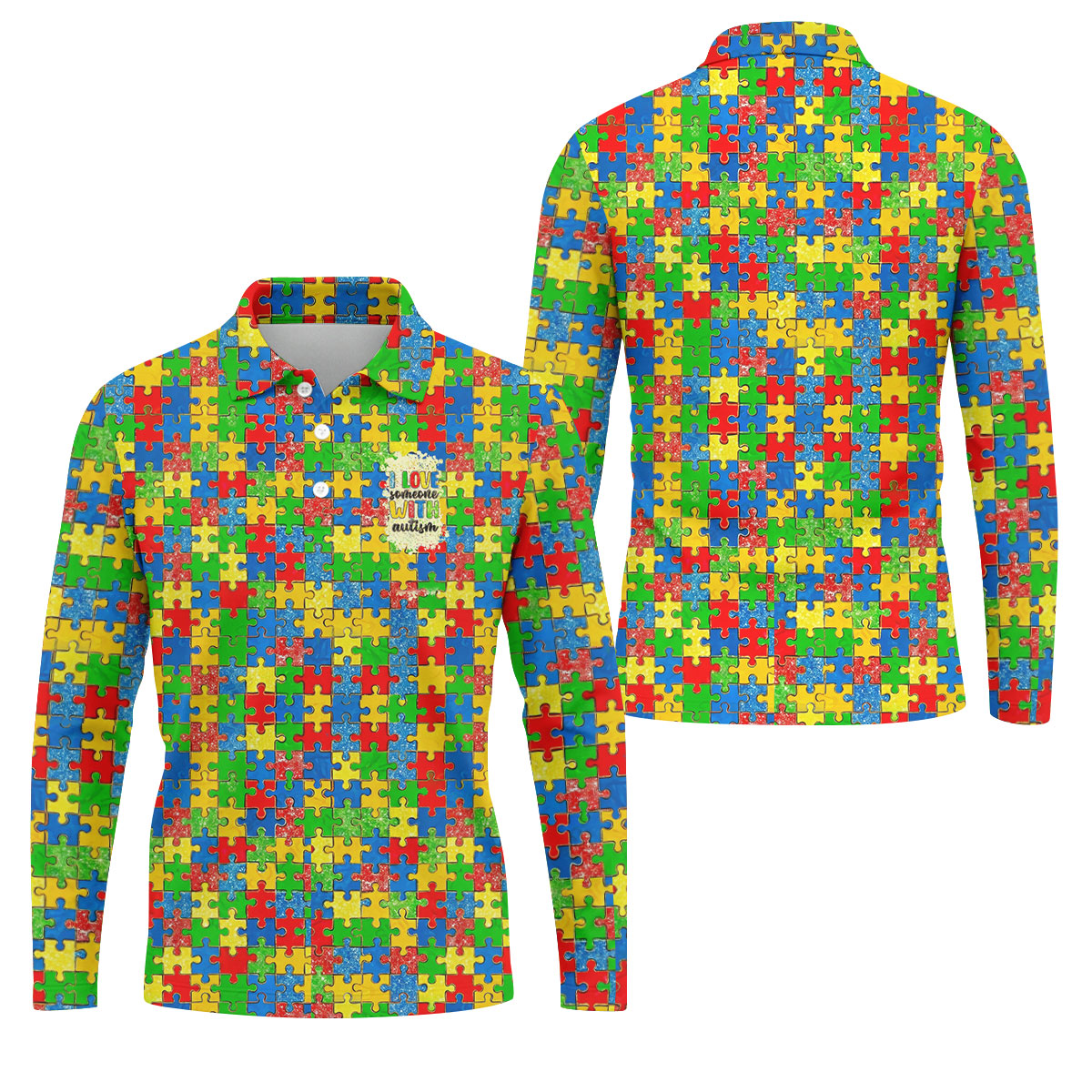 I Love Someone With Autism Colorful Puzzle Pattern Men's Golf Shirt, Autism Awareness Polo Shirts For Men