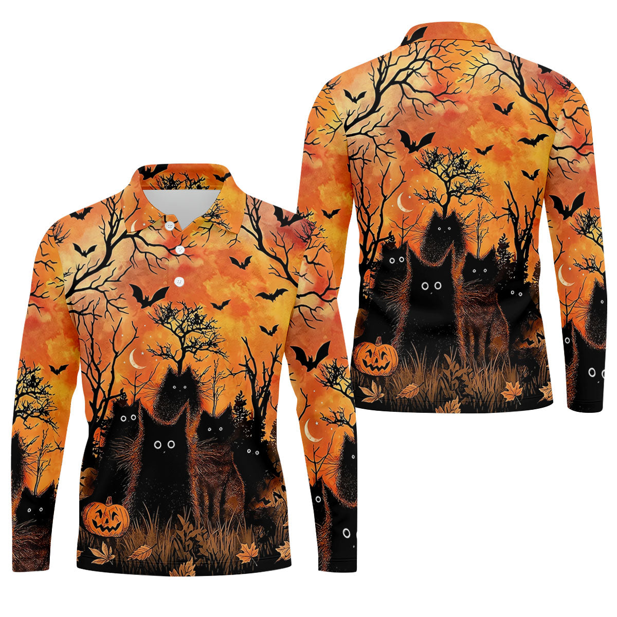 Spooky Black Cat Halloween Golf Polo Shirt, Men's Golf Shirts, Hawaiian Golf Shirt