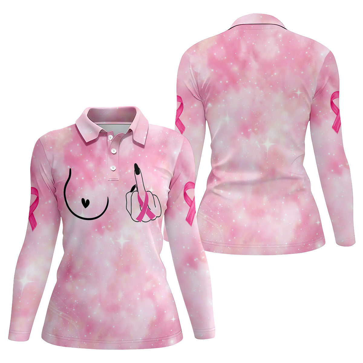 Pink Ribbon Middle Finger Breast Cancer Polo Shirt, Ladies Golf Shirt, Women's Golf Tops
