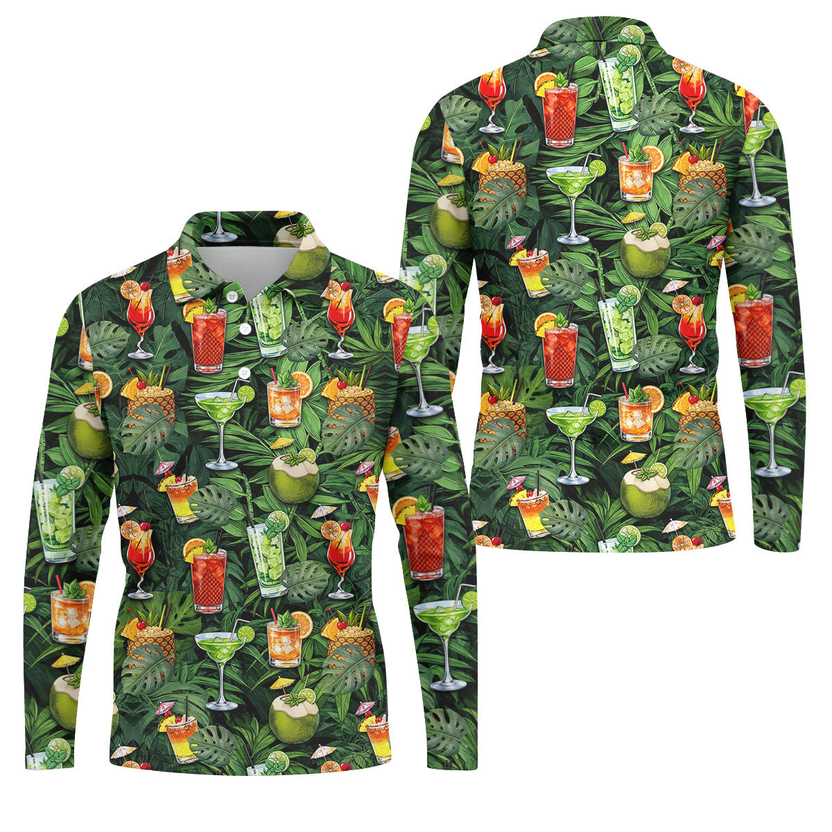 Tropical Cocktail Coconut And Palm Leaf Golf Polo, Hawaiian Golf Shirt, Mens Golf Apparel
