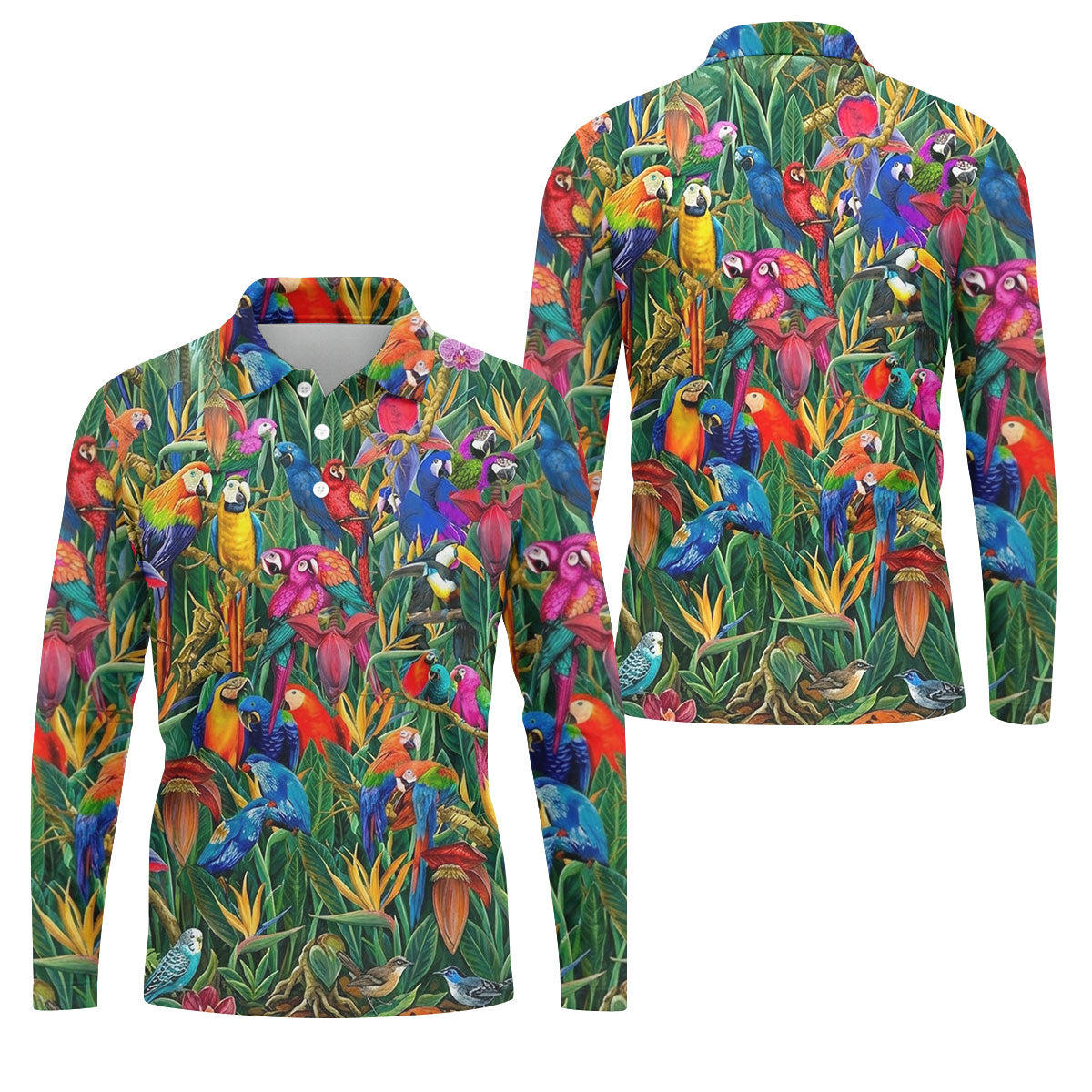 Tropical Colorful Parrots Rainforest Bird Print Golf Polo, Hawaiian Golf Shirt, Printed Golf Shirts
