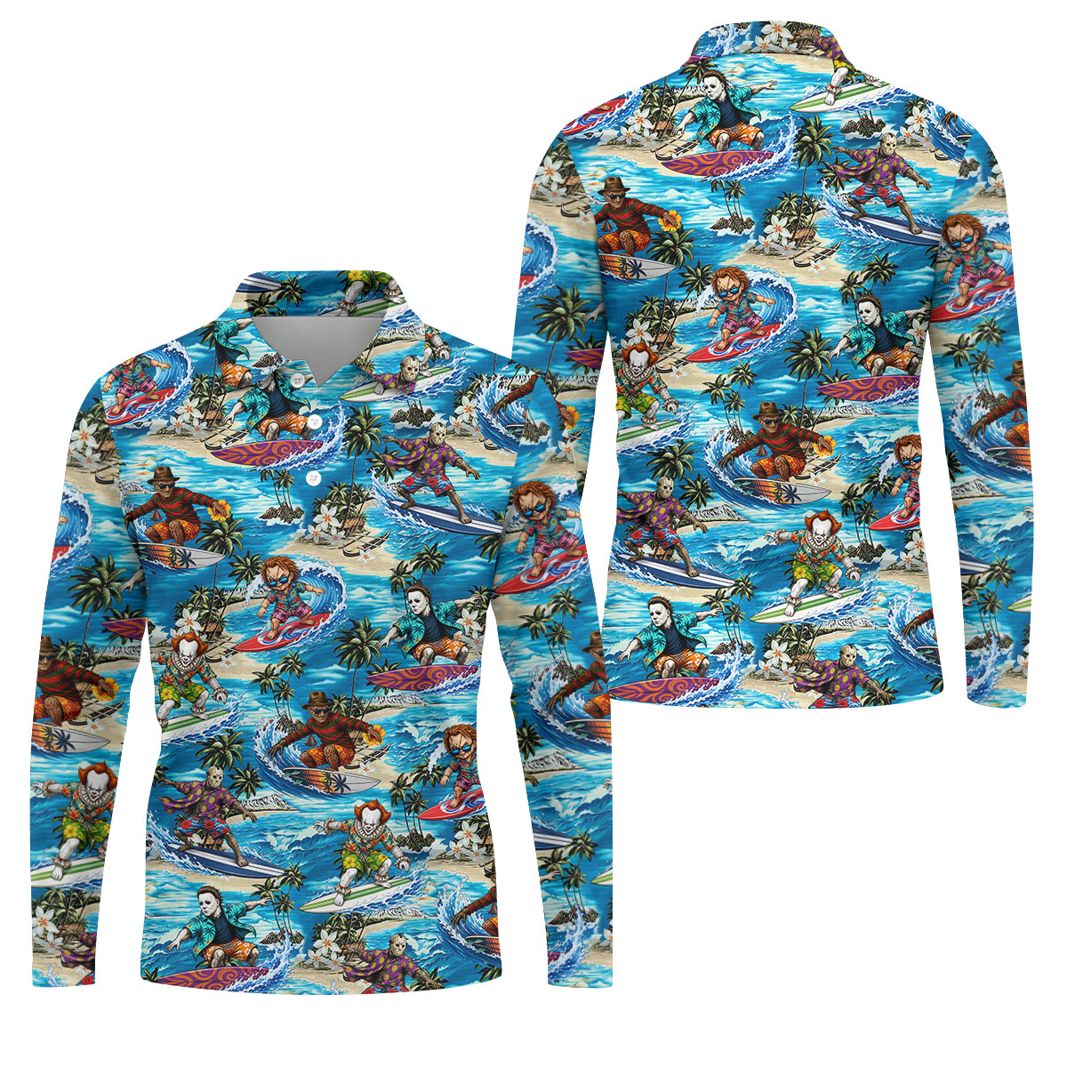 Horror Character Surfing Hawaiian Golf Shirt, Tropical Slasher Golf Shirt, Golf Shirts For Men
