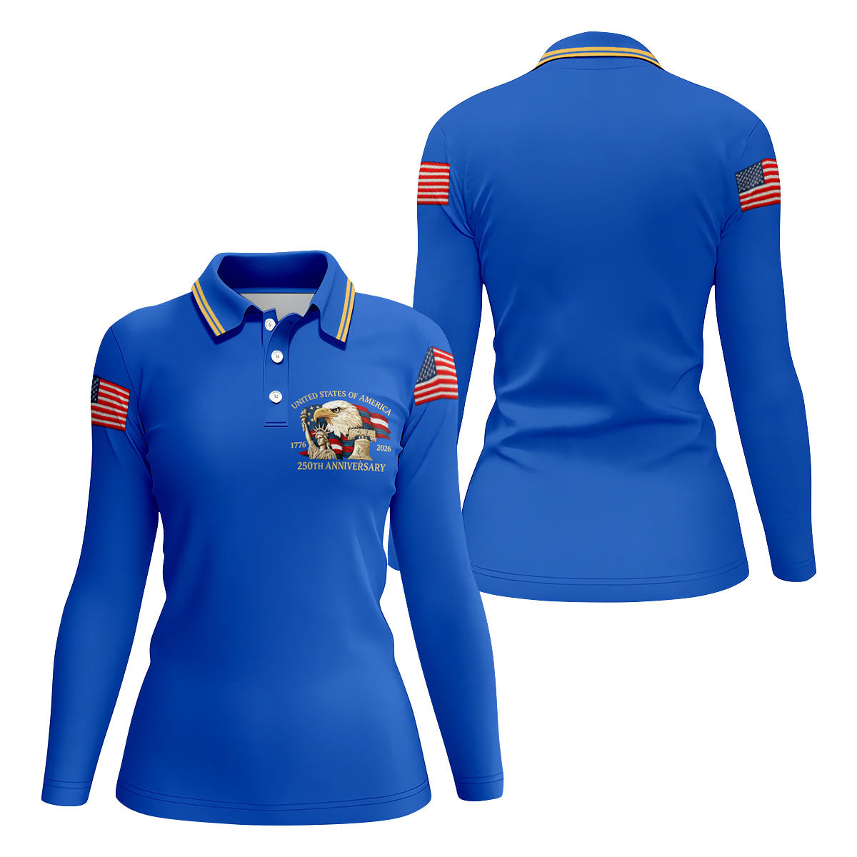 Bald Eagle American Flag 250 Years Blue Golf Shirt, Patriotic 4th Of July Golf Shirt For Women