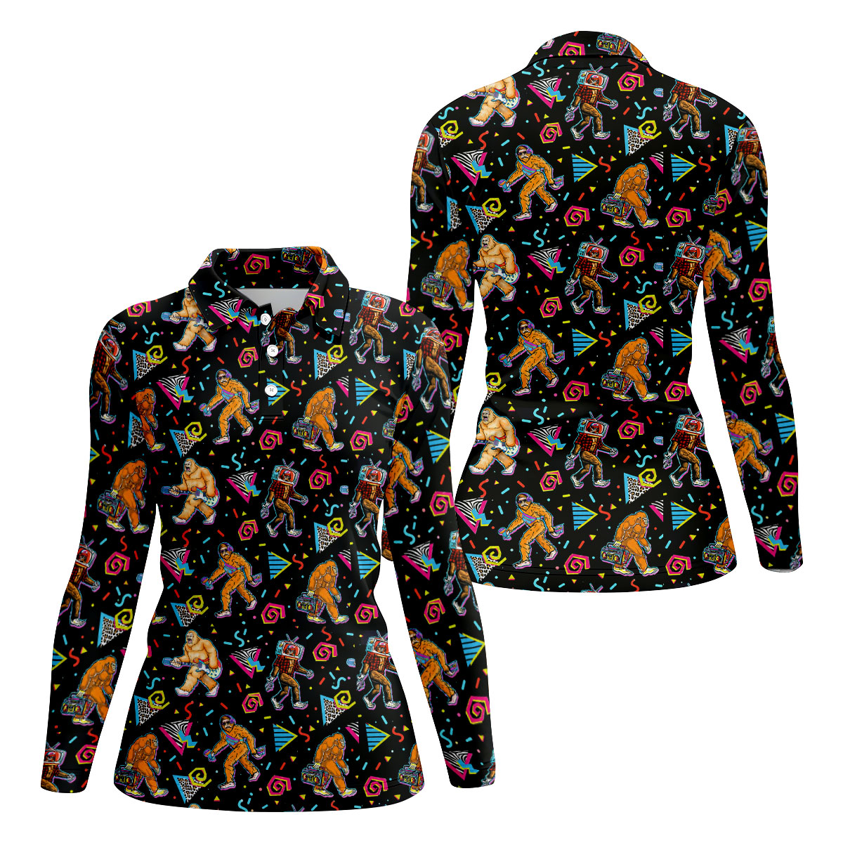 Retro Bigfoot Boombox Pattern Golf Shirt, Women’s Golf Polo, Golf Shirts For Women, Printed Golf Shirt