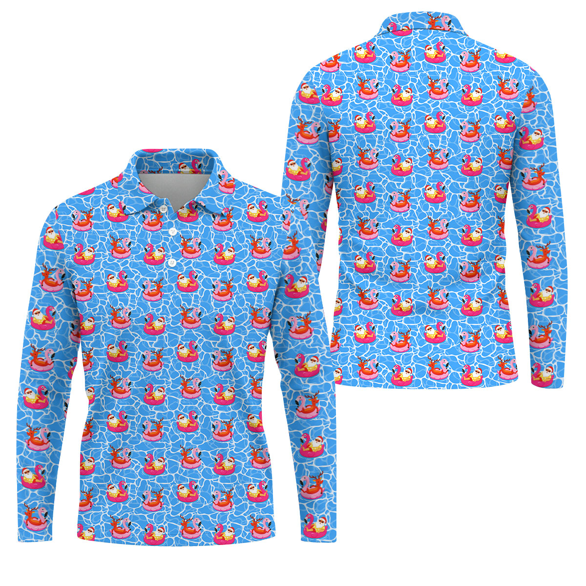 Santa Flamingo Pool Float Christmas Golf Shirt, Men's Golf Shirt, Hawaiian Golf Shirt, Printed Golf Shirts