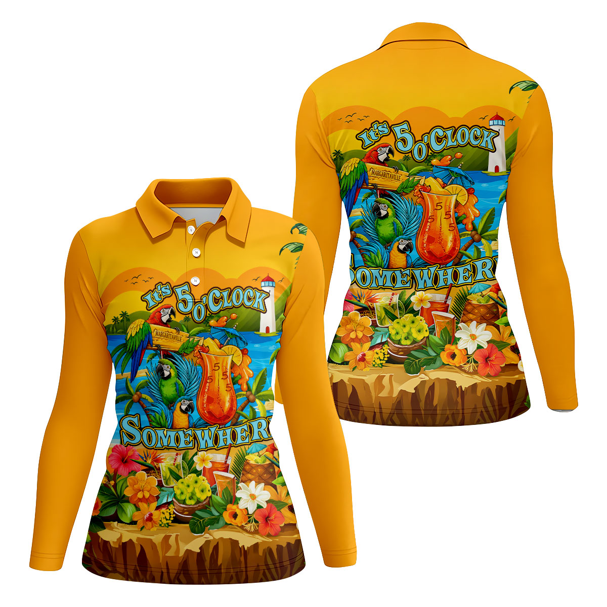 Golden Tropical Parrot Beach Cocktail Golf Polo Shirt, Golf Shirts For Women, Women's Golf Polo