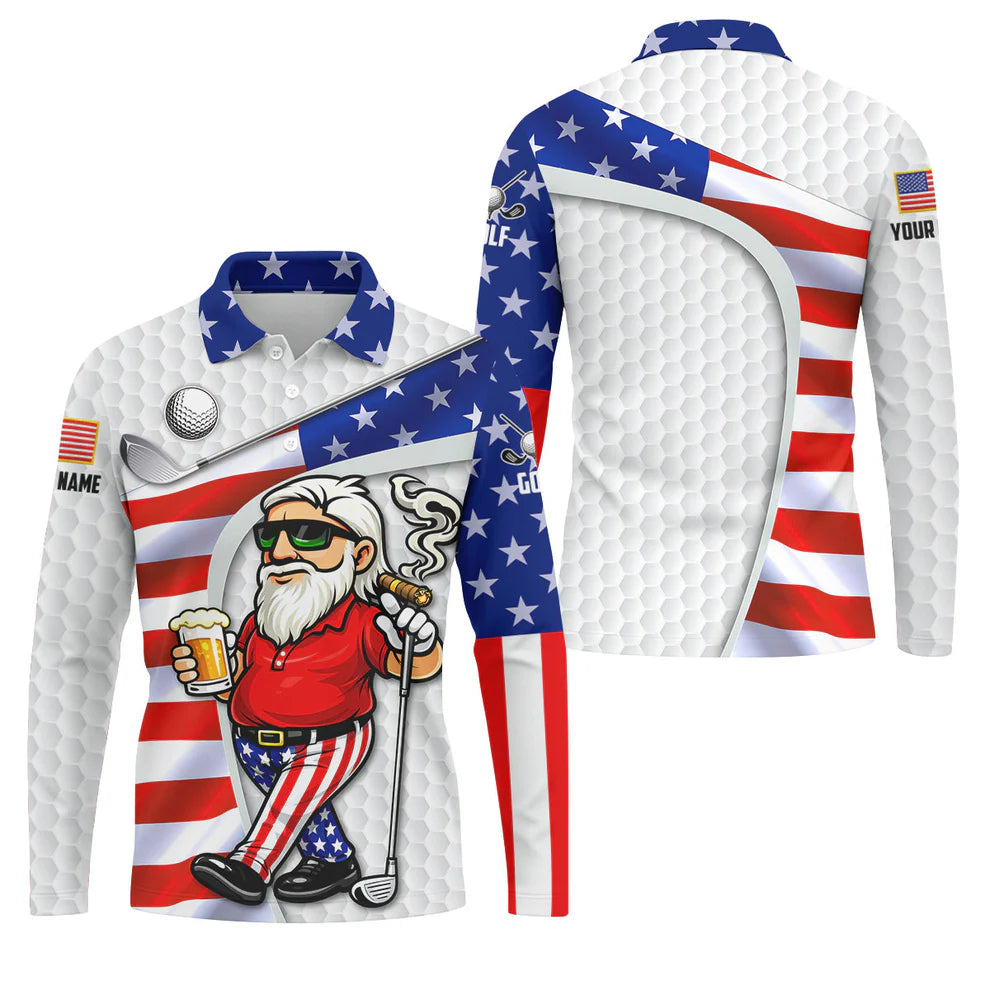 Custom Name Patriotic Golfing Man Polo - Funny Beer & Cigar White Golf Shirt, America 250th Anniversary Hexagon Pattern