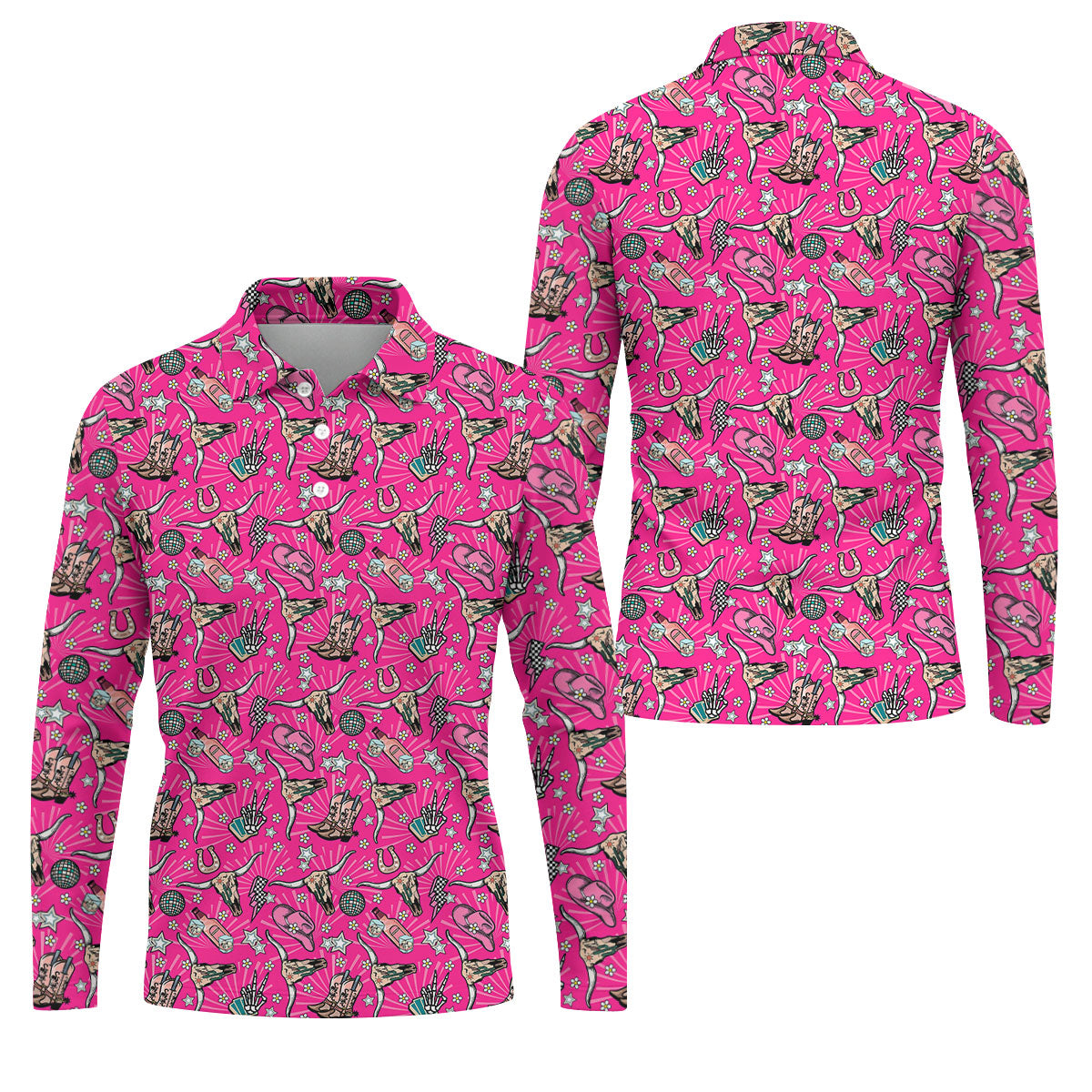 Pink Western Cowgirl Pattern Golf Polo Shirt, Golf Apparel For Men, Printed Golf Shirts