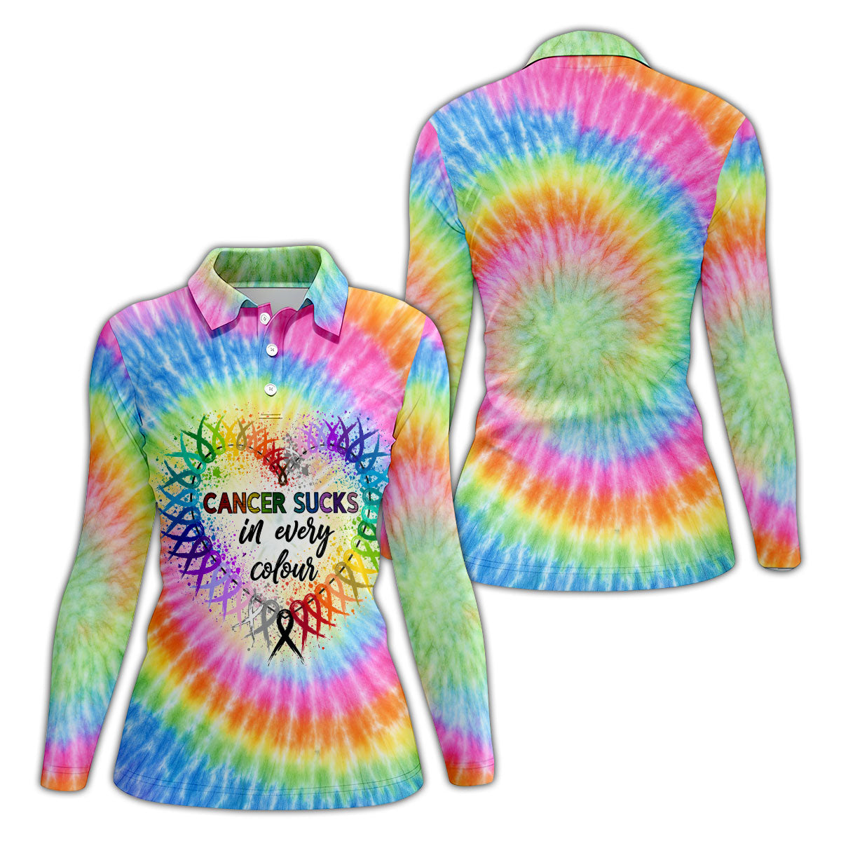 Cancer Sucks In Every Colour Tie Dye Ribbon Polo Shirt, Ladies Golf Tops, Printed Golf Shirt