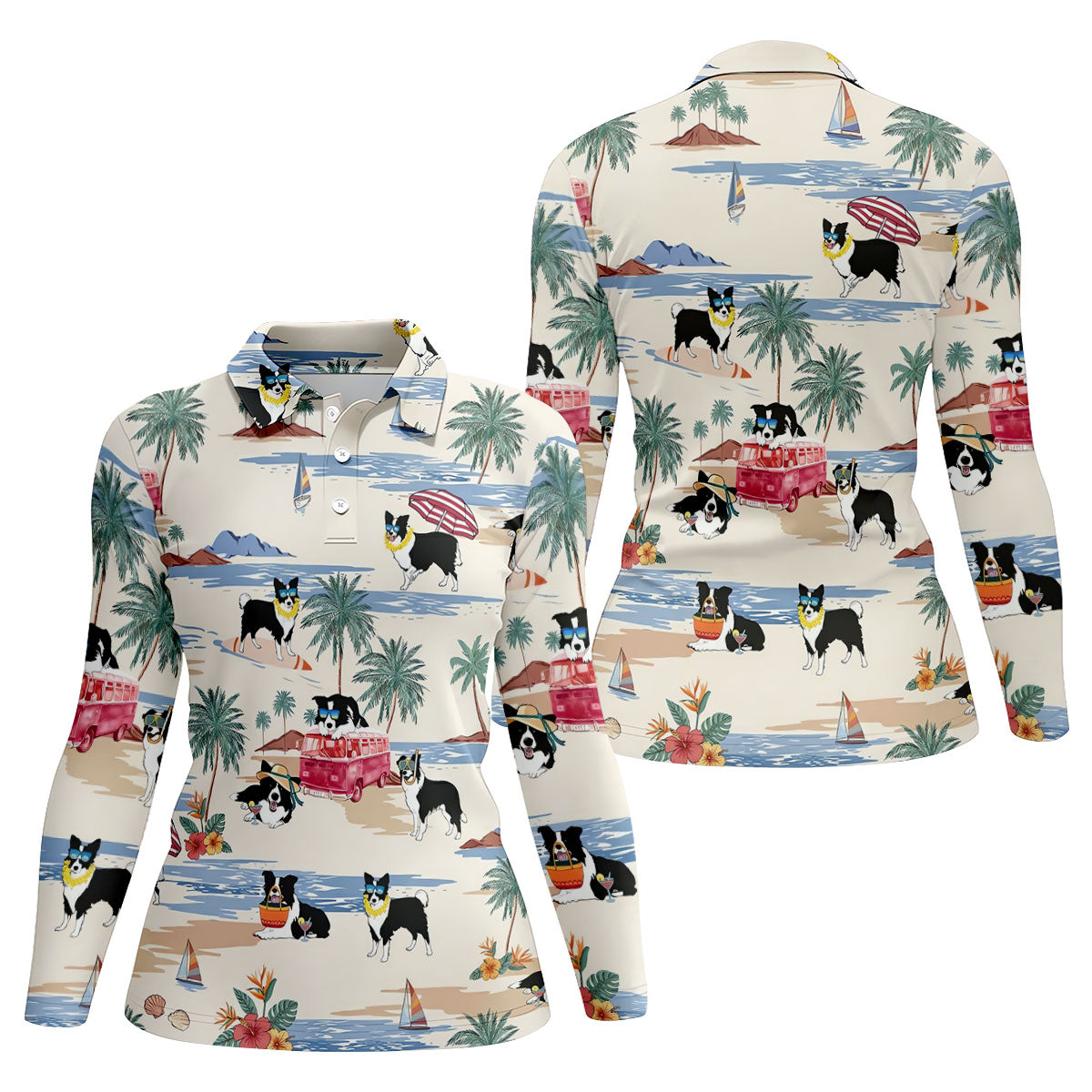 Tropical Border Collie Beach Hawaiian Golf Polo Shirt, Ladies Golf Shirt, Womens Golf Tops