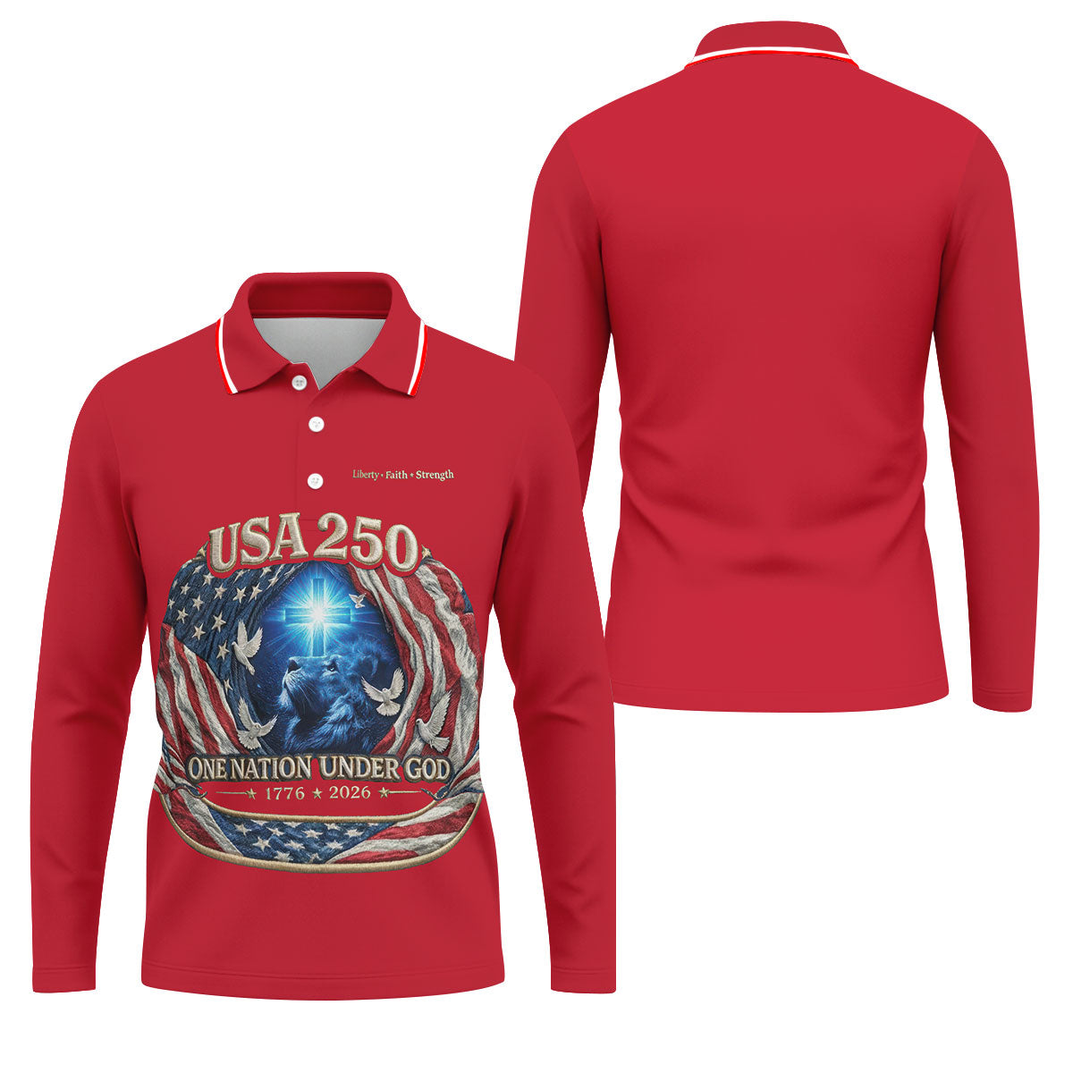 One Nation Under God Faith Cross USA 250 Red Golf Shirt, 4th Of July Golf Shirts For Men