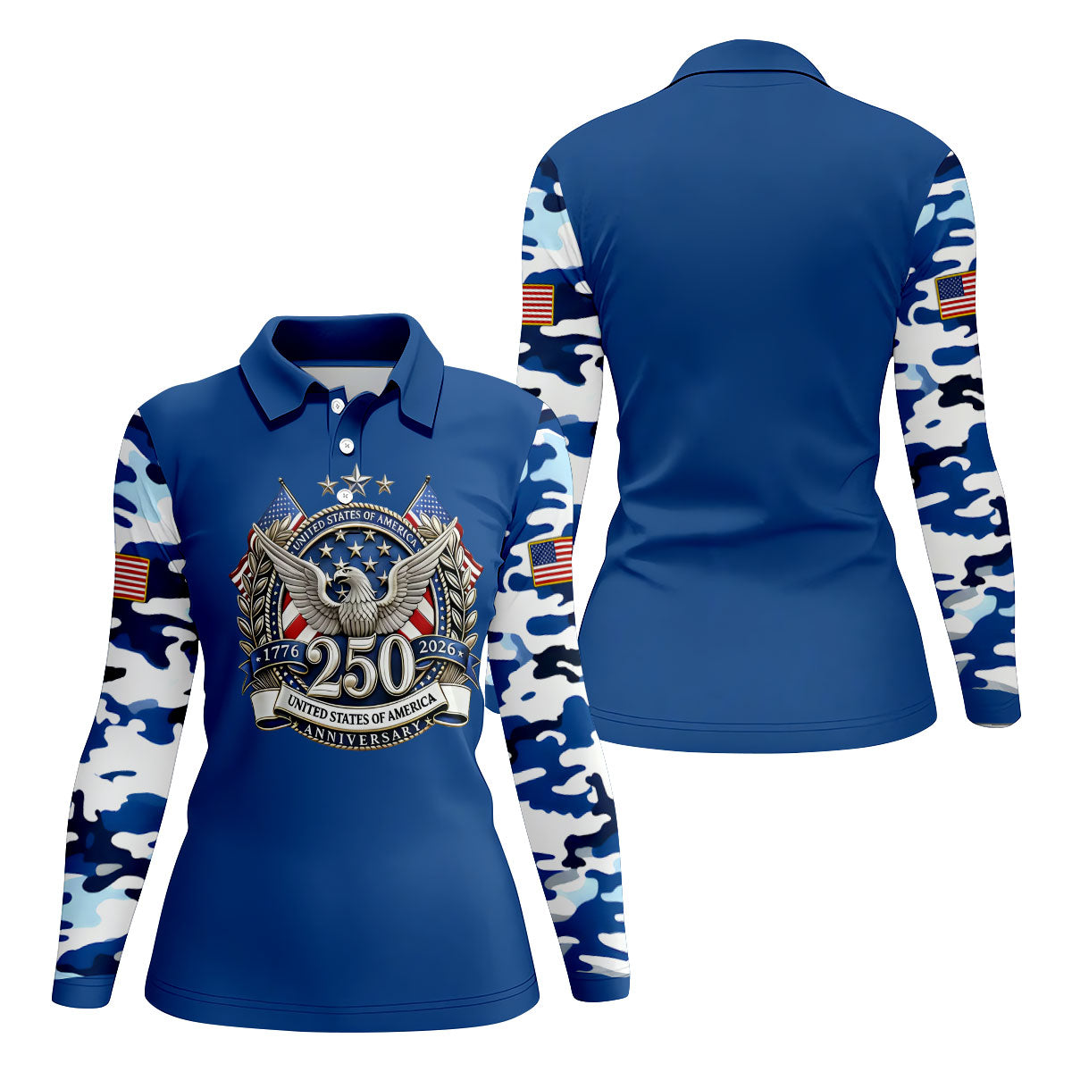 Patriotic Bald Eagle Blue And White Camo Blue Golf Shirt, 250th Anniversary Women's Golf Shirts
