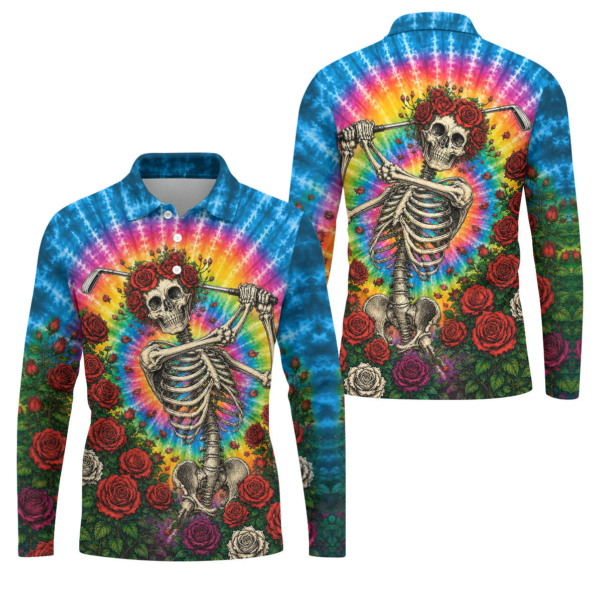 Rose Tie Dye Skeleton Golfer Halloween Polo Shirt, Mens Golf Shirts, Printed Golf Shirts