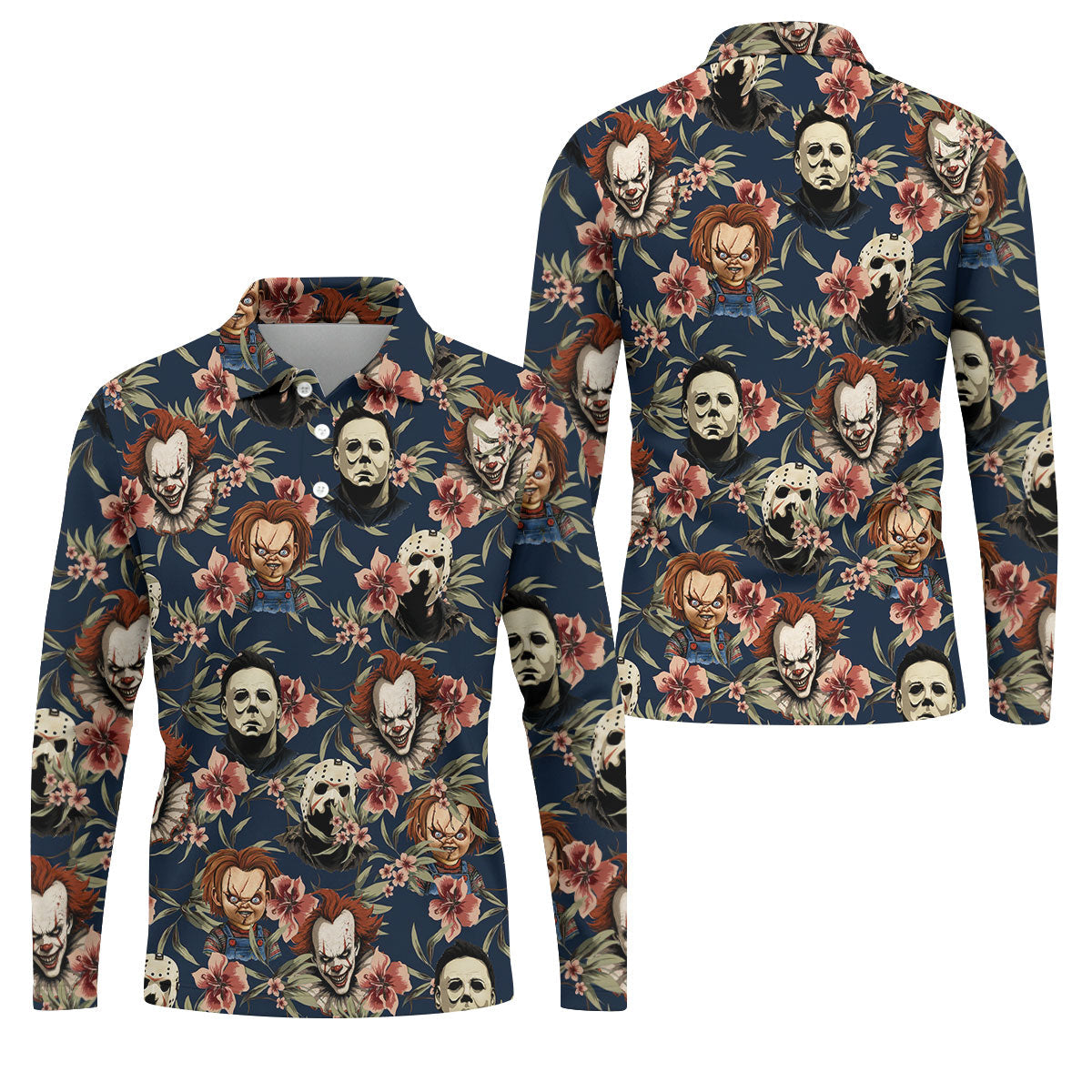 Gothic Floral Clown Doll Mask Hawaiian Polo, Golf Shirt For Men