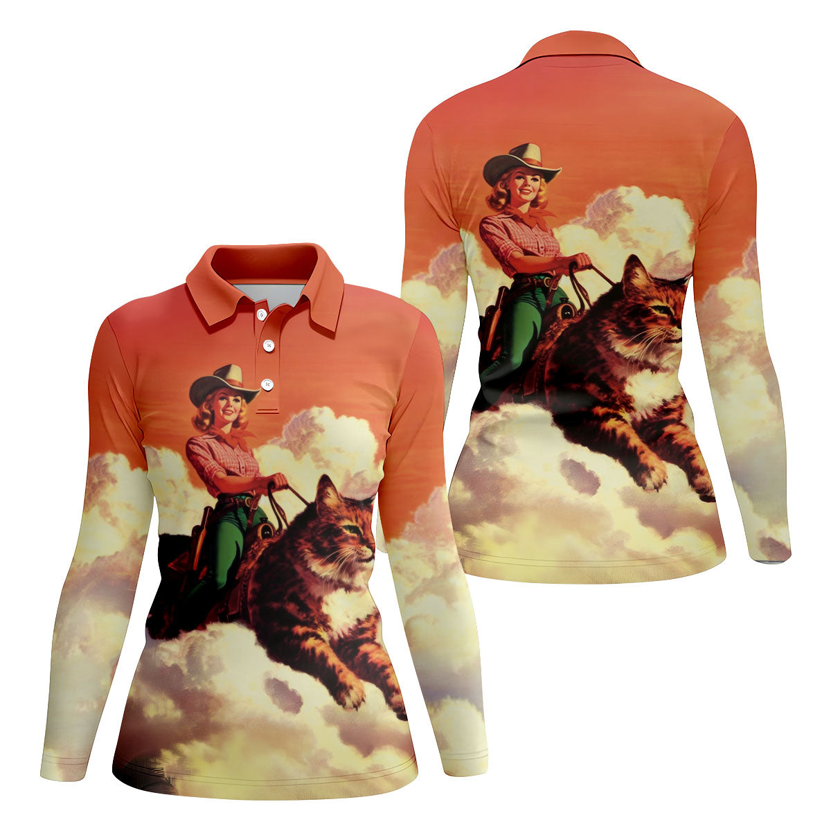 Orange Vintage Cowgirl Riding Giant Cat Golf Polo Shirt, Women's Golf Polo, Golf Shirts For Women