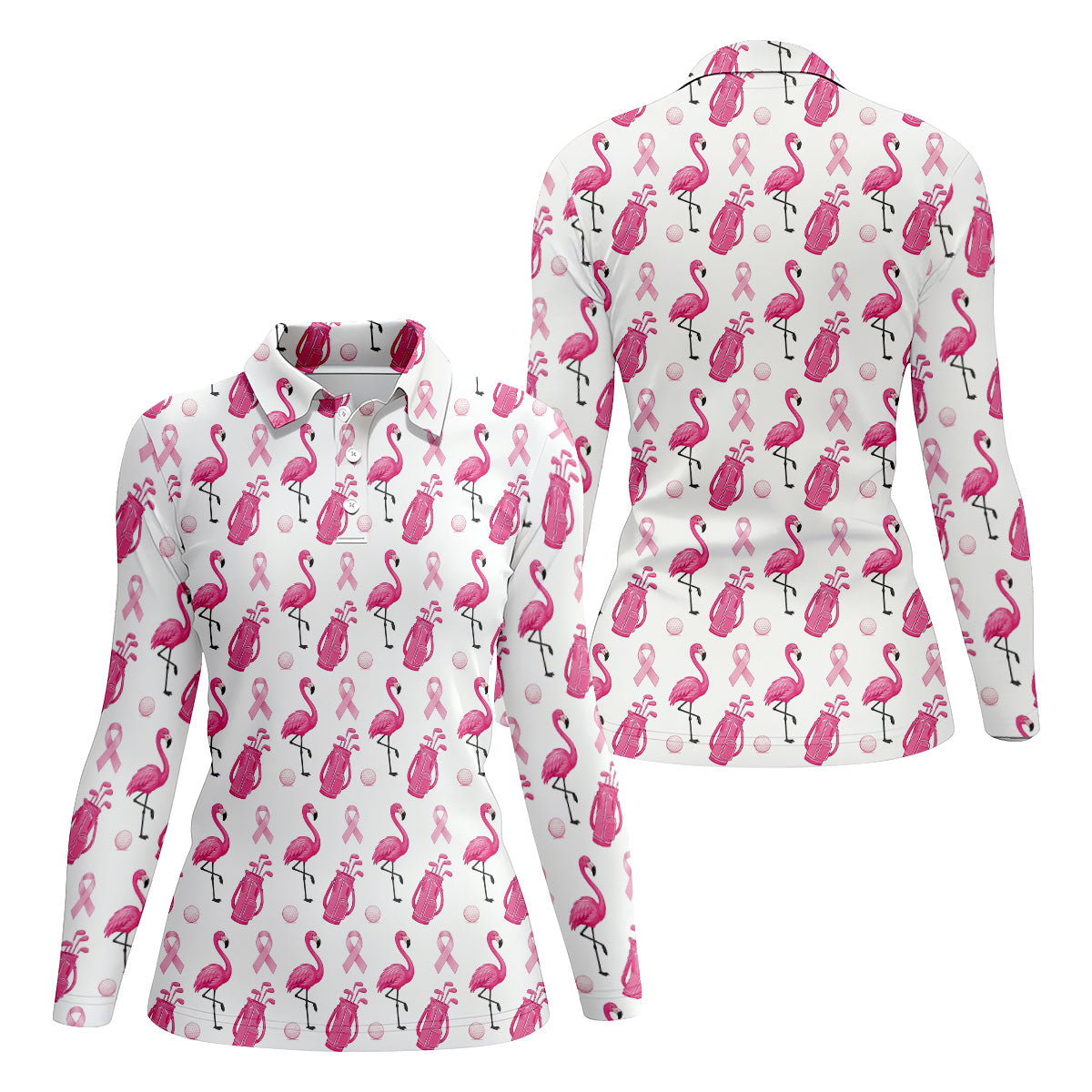 Pink Flamingo Golf Bag Breast Cancer Polo Shirt, Women’s Golf Polo, Ladies Golf Shirts