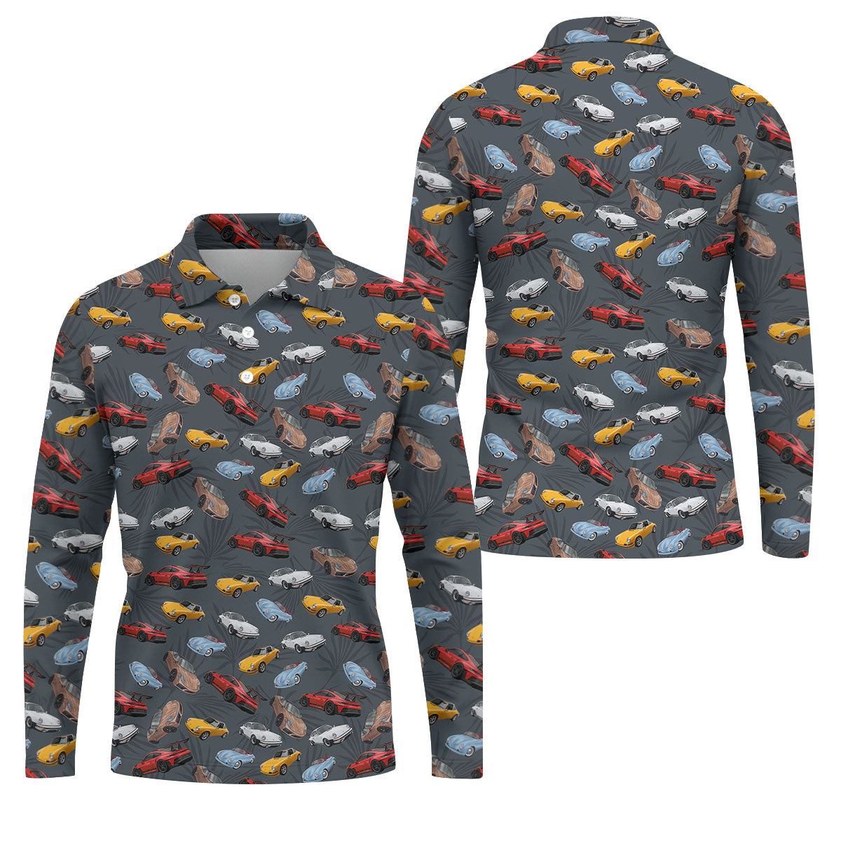 Charcoal Vintage Sports Car Pattern Golf Polo Shirt, Men's Golf Shirt, Golf Polo Shirts For Men