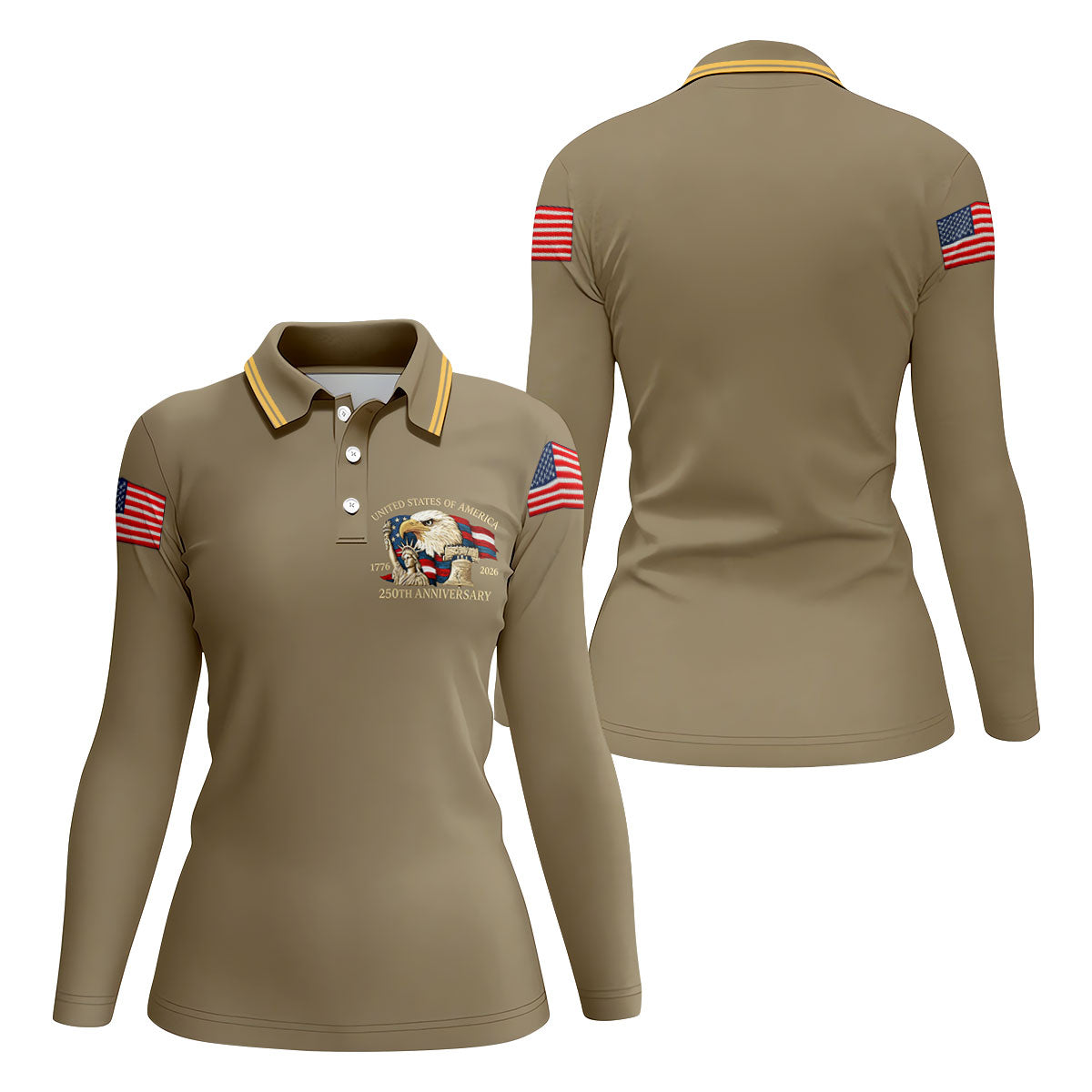 Bald Eagle American Flag 250 Years Sand Golf Shirt, Patriotic 4th Of July Golf Shirt For Women