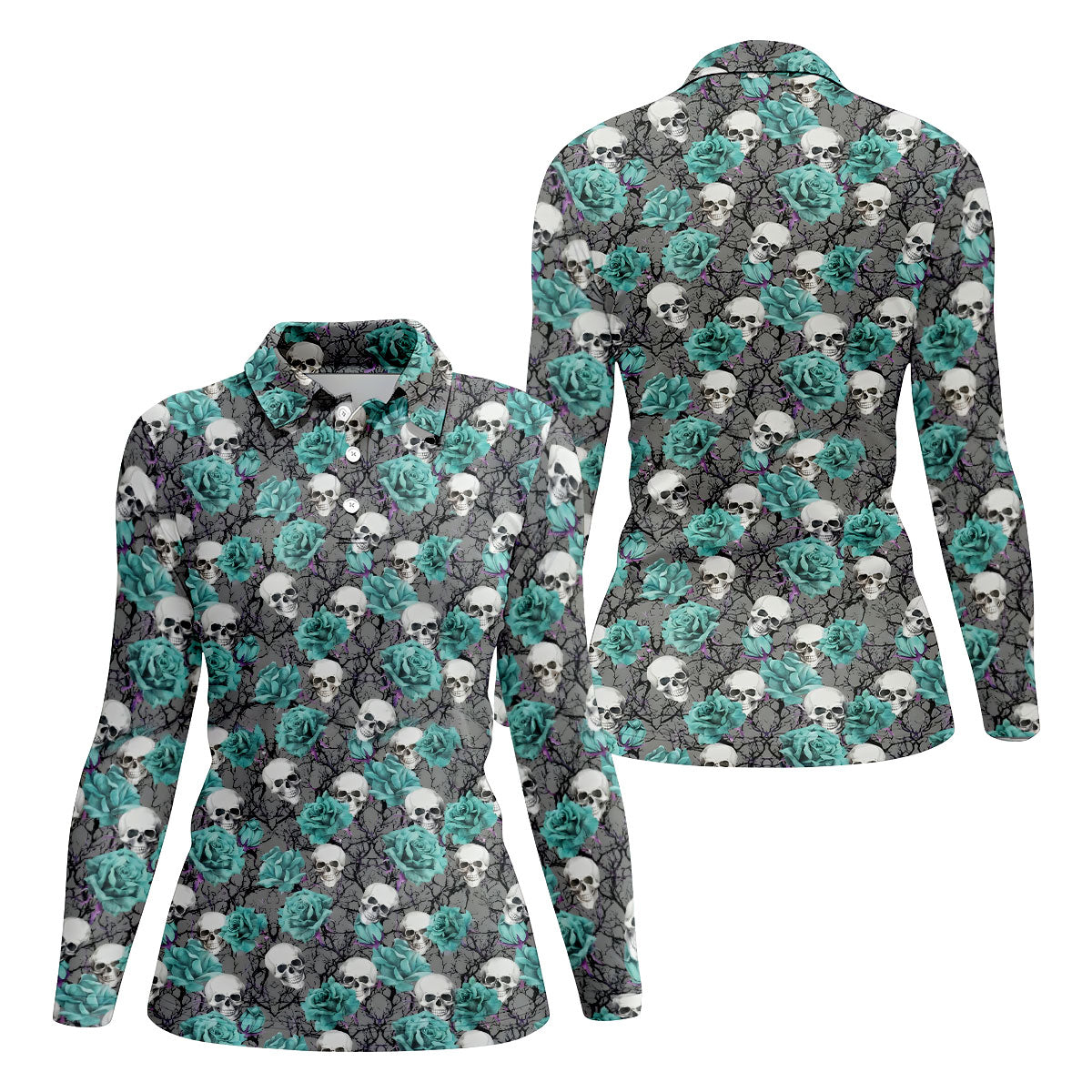 Teal Rose Skull Gothic Pattern Golf Polo Shirt, Ladies Golf Shirt, Golf Polo For Women