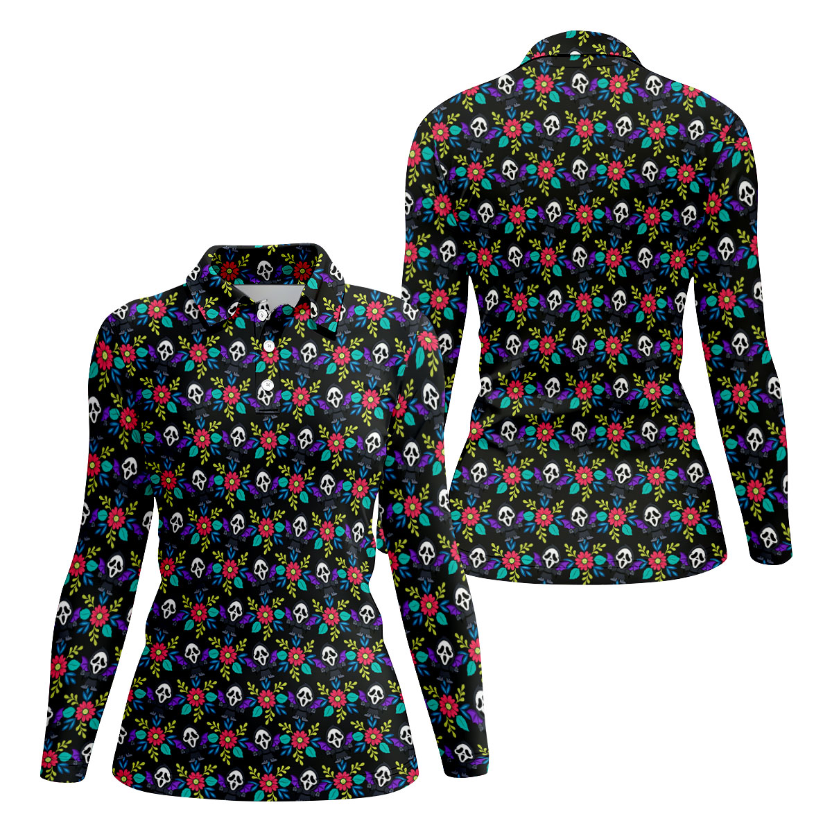 Floral Horror Character Halloween Polo Shirt, Women's Halloween Shirt, Women's Golf Polo