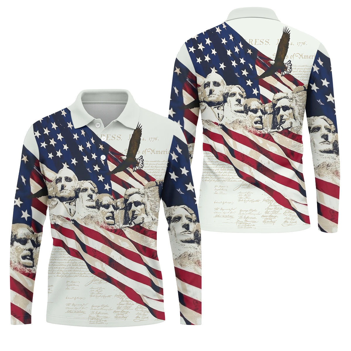 Mount Rushmore American Flag Pattern 4th Of July Patriotic Golf Shirt, 250th Anniversary Golf Shirts For Men