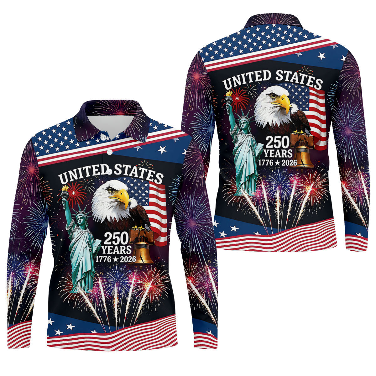 250 Years American Symbols US Flag Golf Shirt, Patriotic 4th Of July Golf Shirts For Men