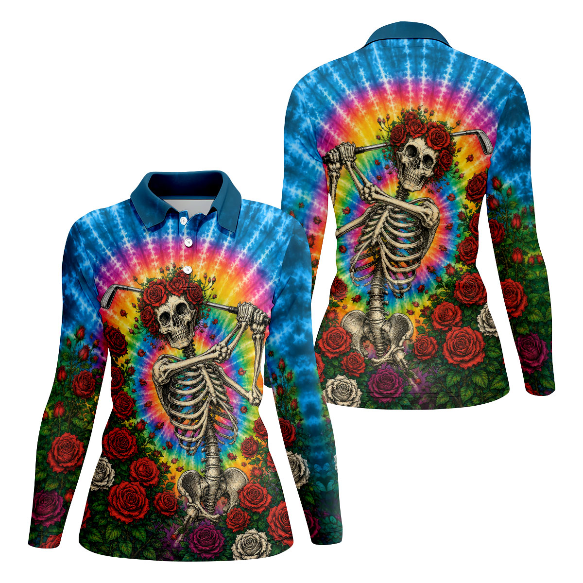 Rose Tie Dye Skeleton Golfer Halloween Polo Shirt, Womens Golf Tops, Printed Golf Shirt
