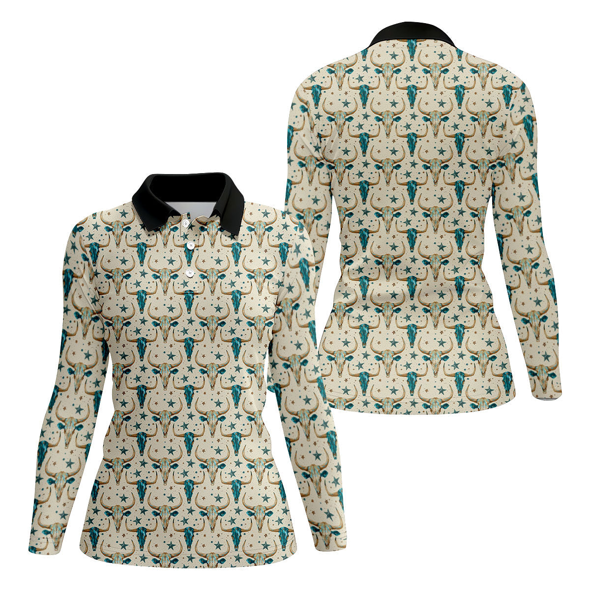 Cow Skulls Turquoise And Beige Western Theme Women Golf Top, Ladies Golf Shirts, Golf Shirt For Women
