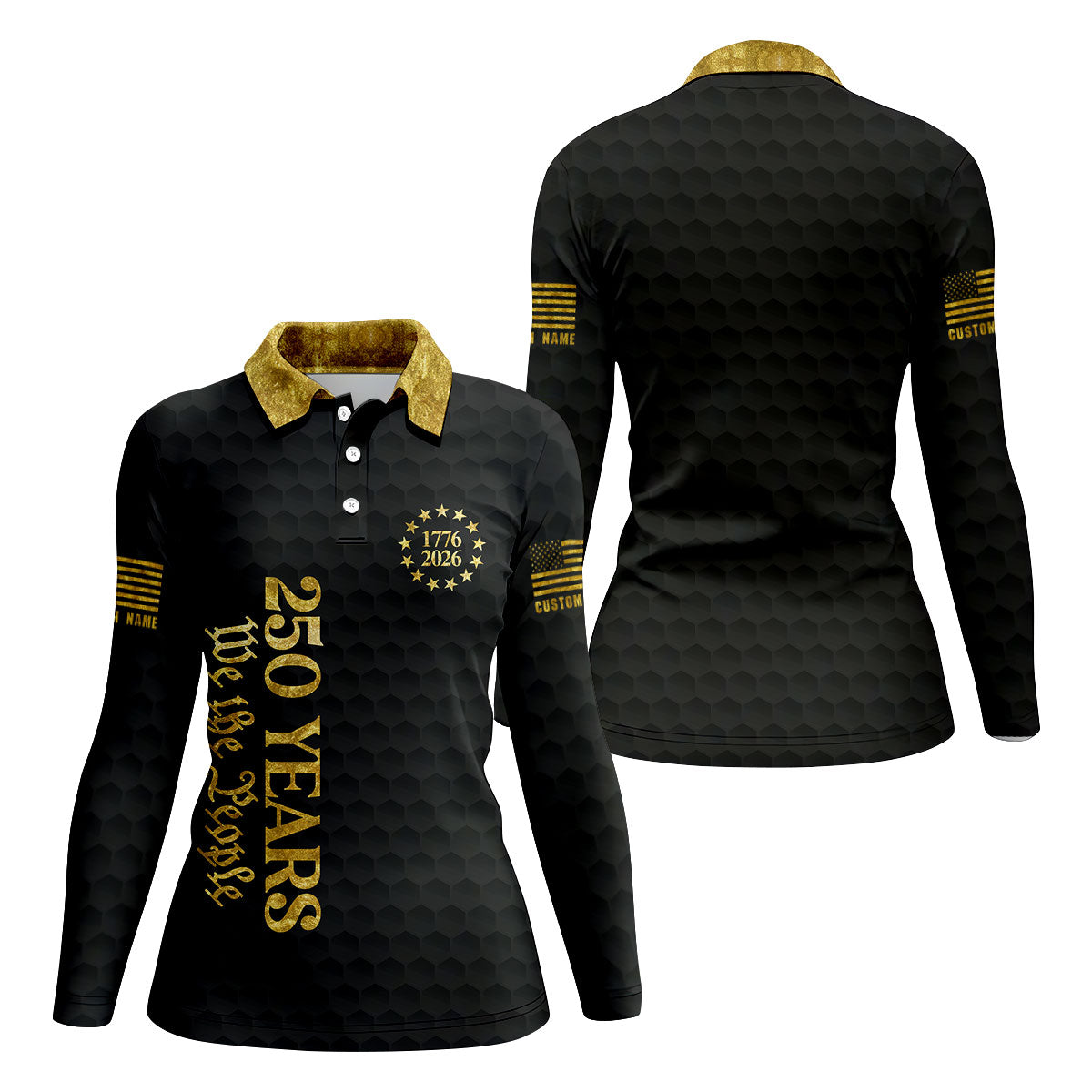 We The People 250 Years Gold Textured Patriotic Golf Shirt, 4th Of July Golf Shirt For Women
