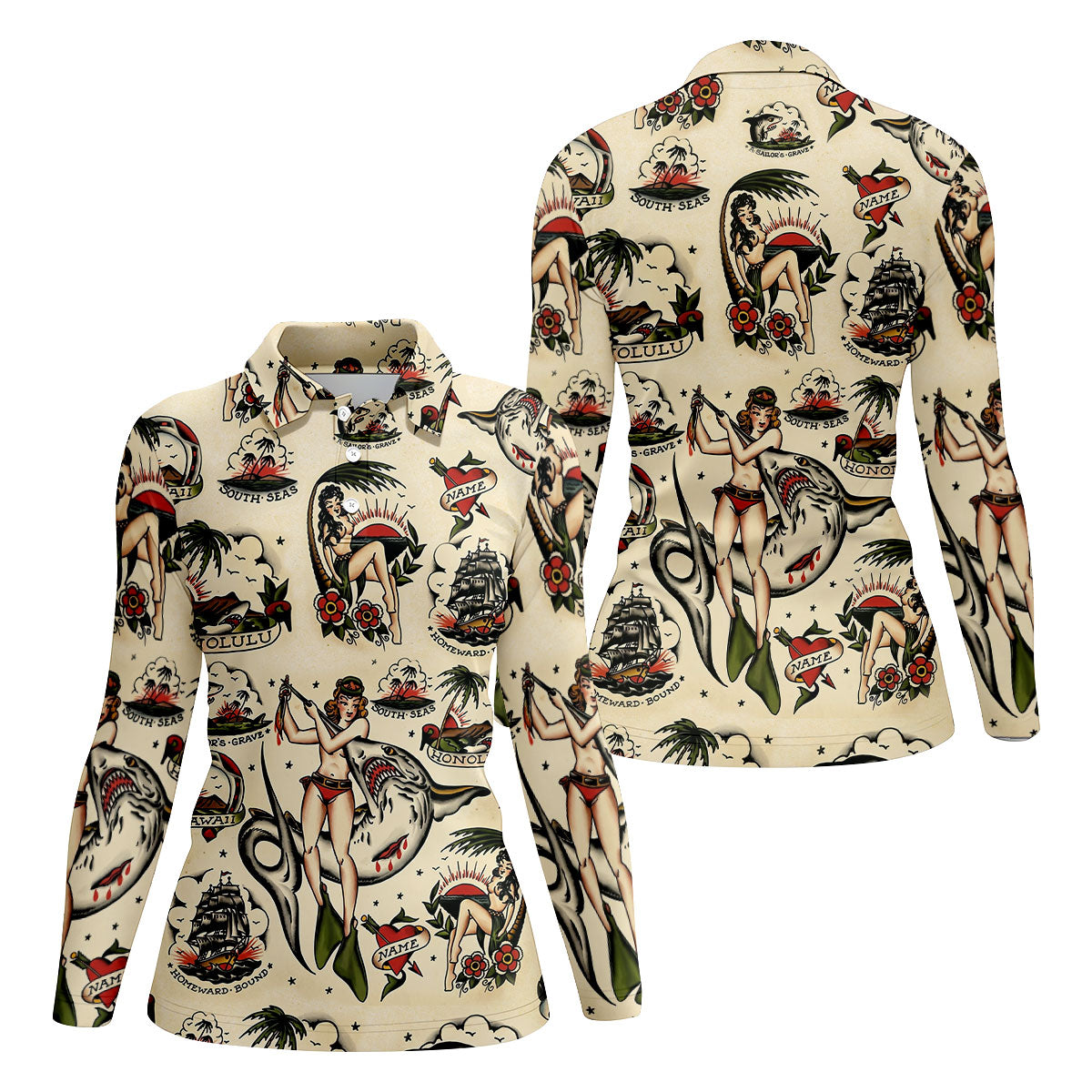 Vintage Hawaiian Pin Up Shark Tattoo Golf Shirt, Ladies Golf Shirts, Women’s Golf Apparel