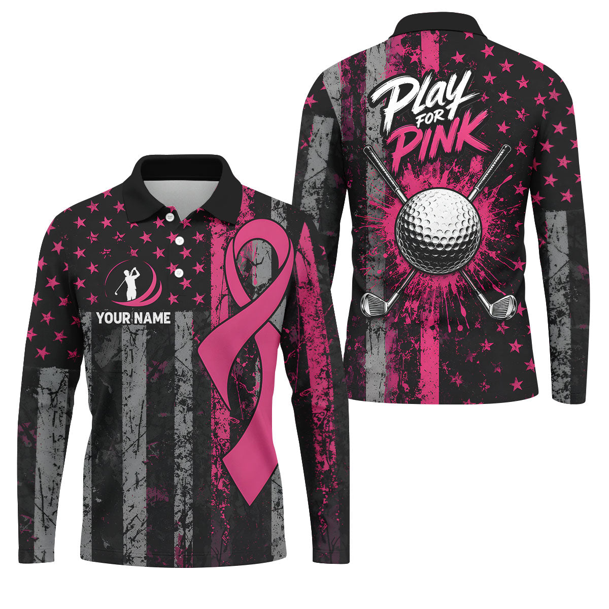 Custom Play For Pink Breast Cancer Golf Polo Shirt, Men's Golf Shirt, Printed Golf Shirts