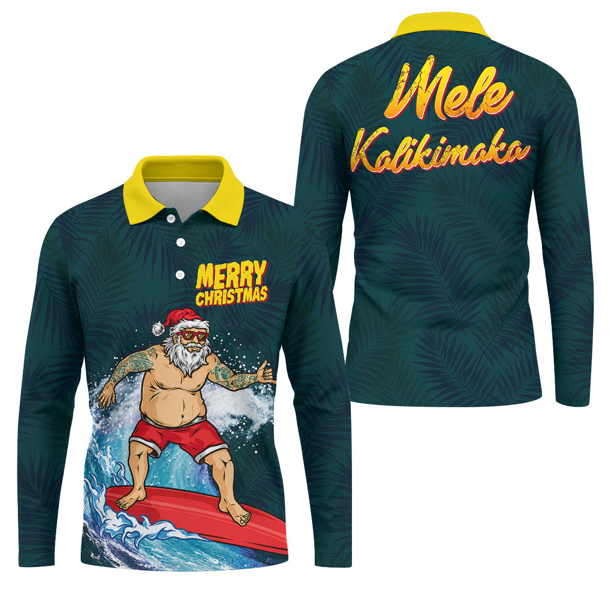 Surfing Santa Mele Kalikimaka Christmas Polo Shirt, Mens Golf Polo, Hawaiian Golf Shirt