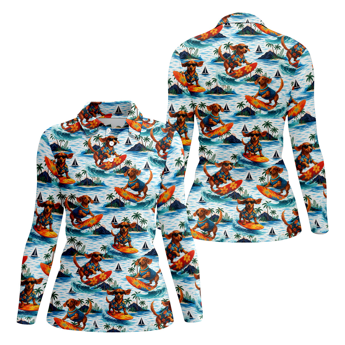 Funny Dachshund Surfing Beach Hawaiian Golf Shirt, Summer Vibe Golf Shirt For Women