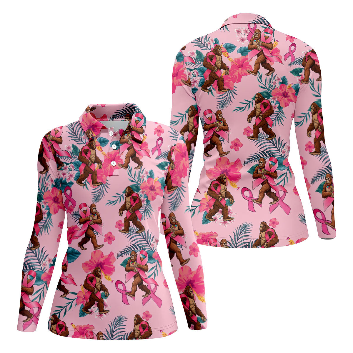 Bigfoot Pink Ribbon Floral Breast Cancer Polo Shirt, Women’s Golf Polo, Ladies Golf Top
