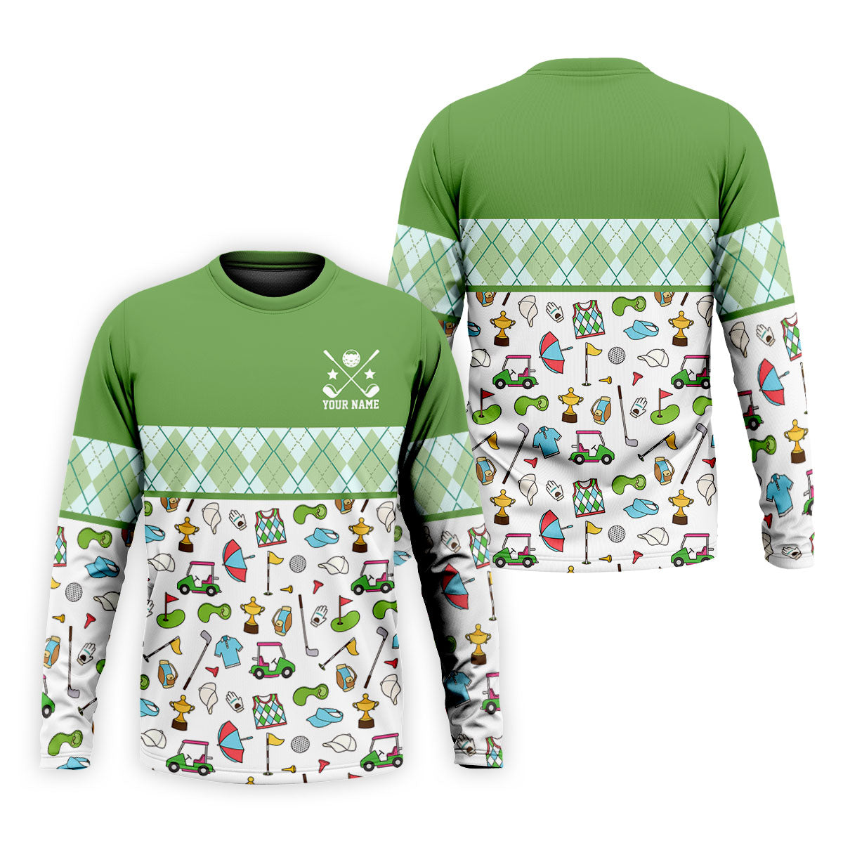 Custom Name Green Argyle Golf Icons Pattern Golf Shirt, Mens Golf Polo, Golf Shirts For Men, Printed Golf Shirts