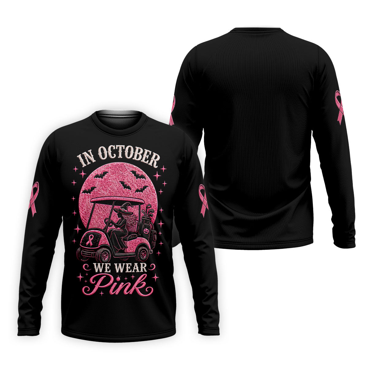 In October We Wear Pink Witch Breast Cancer Polo Shirt, Mens Golf Apparel, Printed Golf Shirts