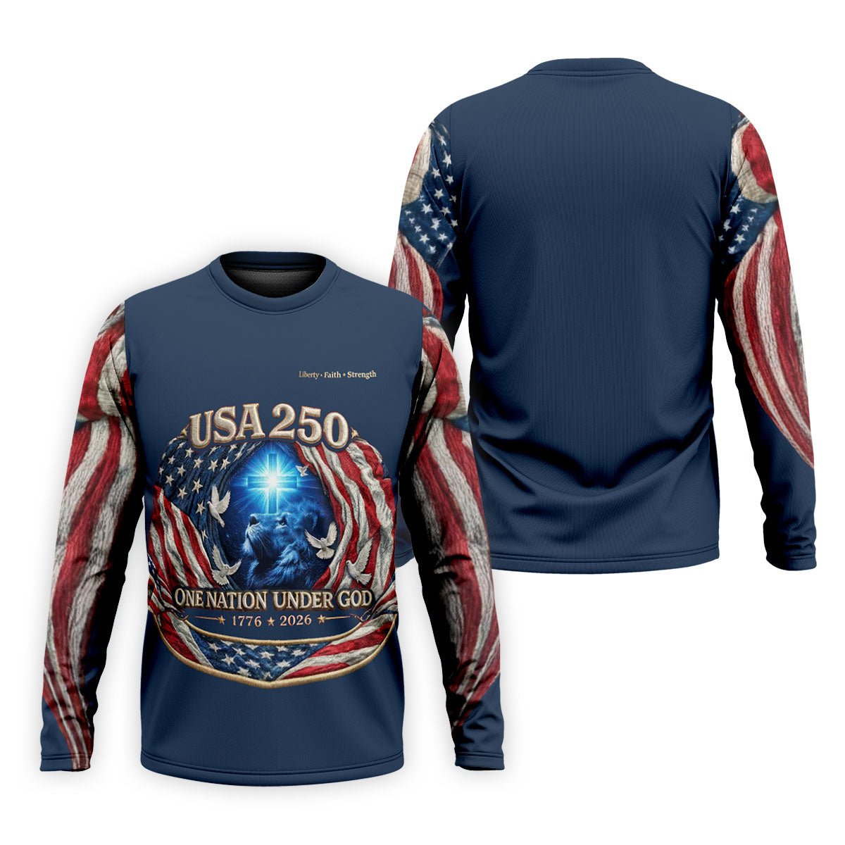 One Nation Under God Faith Cross USA 250 Navy Golf Shirt, 4th Of July Golf Shirts For Men