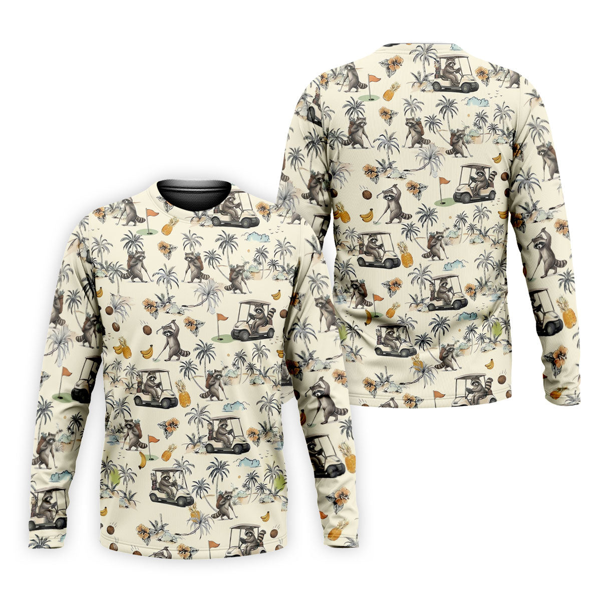 Funny Raccoon Golf Cart Tropical Pattern Polo Shirt, Mens Golf Polo, Golf Apparel For Men