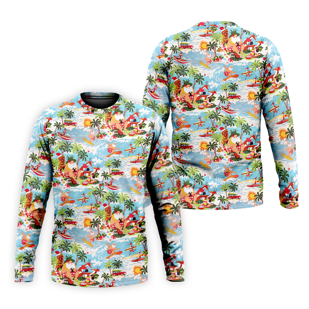 Surfing Santa Tropical Christmas Golf Shirt, Beach Reindeer Holiday Polo, Hawaiian Golf Shirt, Printed Golf Shirts