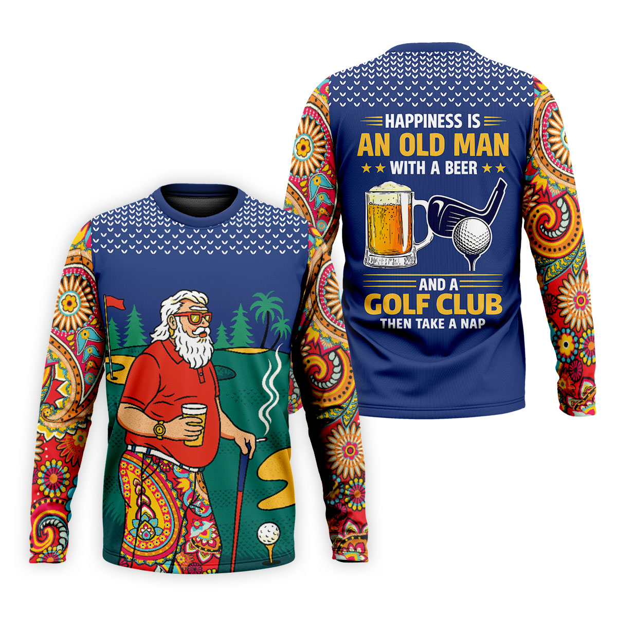 Retro Bearded Golfer Holding Beer Golf Polo Shirt, Mens Golf Shirts, Printed Golf Shirts