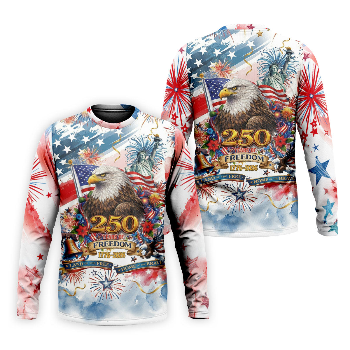 Land Of The Free Red White Blue Water Color Print 4th Of July Golf Shirt, 250 Years Golf Shirts For Men