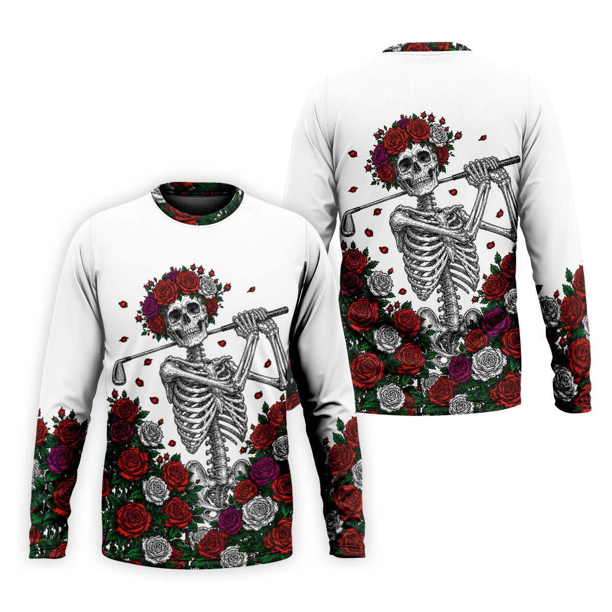 Rose Crown Skeleton Golfer Halloween Polo Shirt, Men's Golf Shirt, Printed Golf Shirts