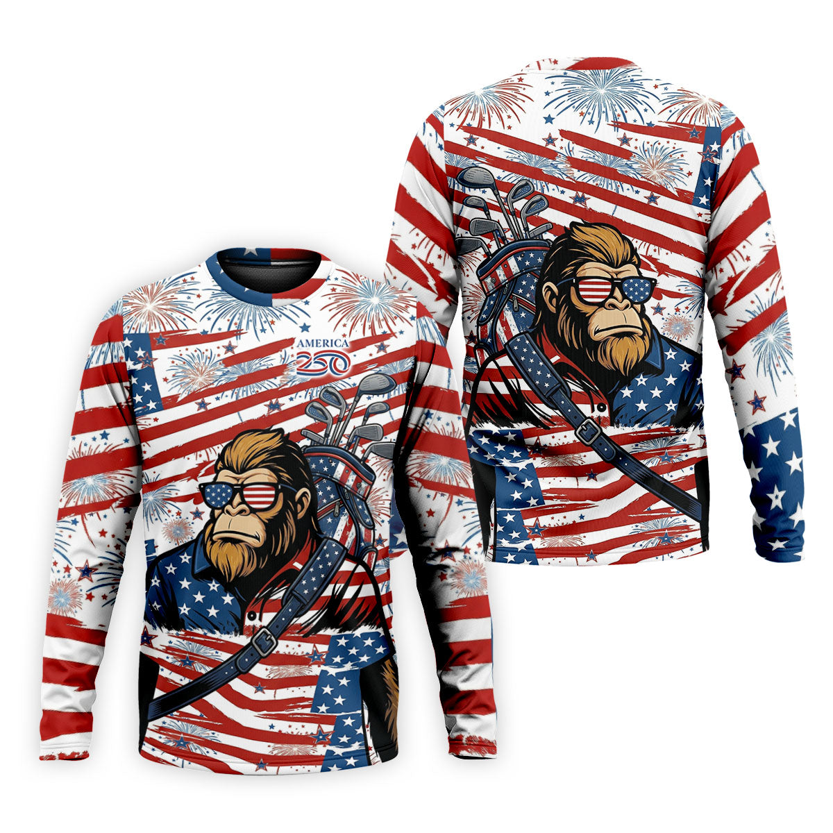 Red White Blue Stars And Stripes 250 Years Bigfoot Golf Shirt, Patriotic 4th Of July Golf Shirts For Men