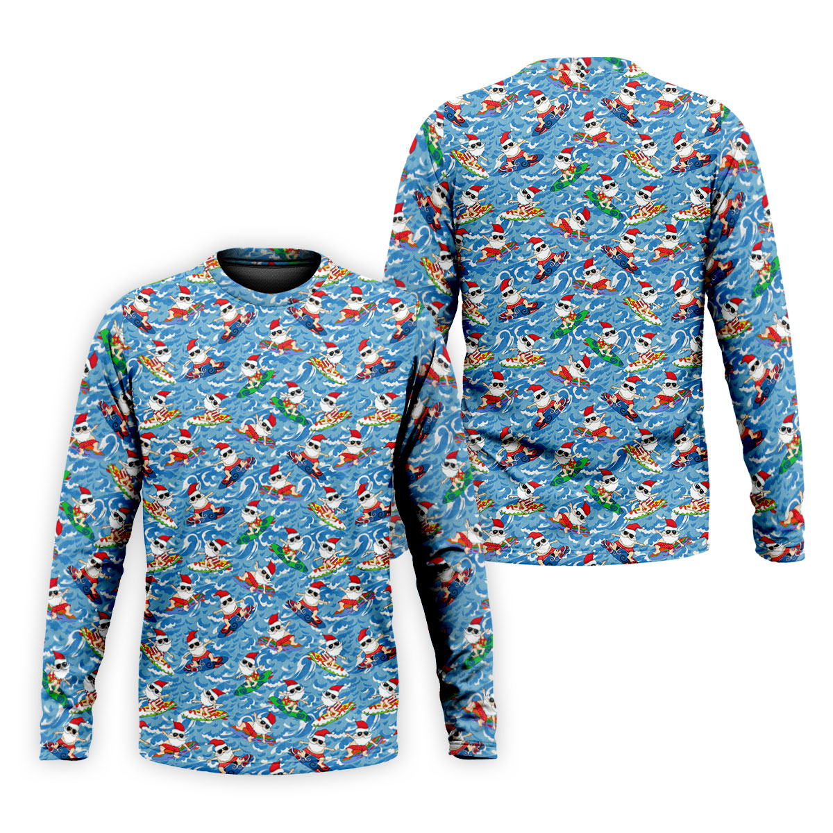 Surfing Santa Christmas Ocean Pattern Polo Shirt, Mens Golf Polo, Christmas Golf Shirt