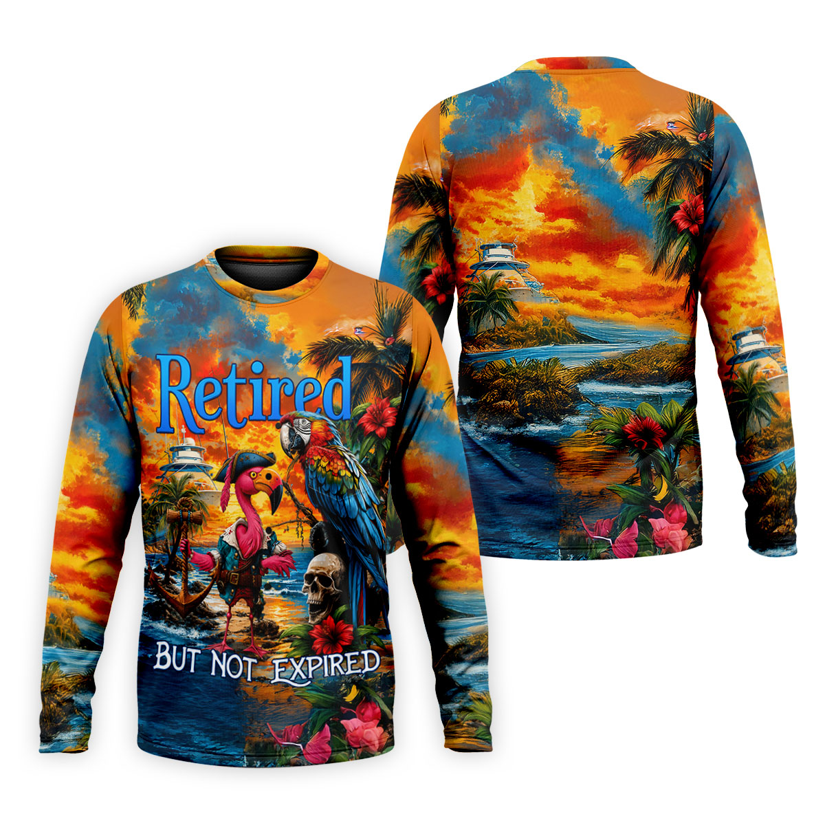 Retired Parrot Flamingo Pirate Tropical Golf Shirt, Mens Golf Polo, Hawaiian Golf Shirt, Golf Apparel For Men