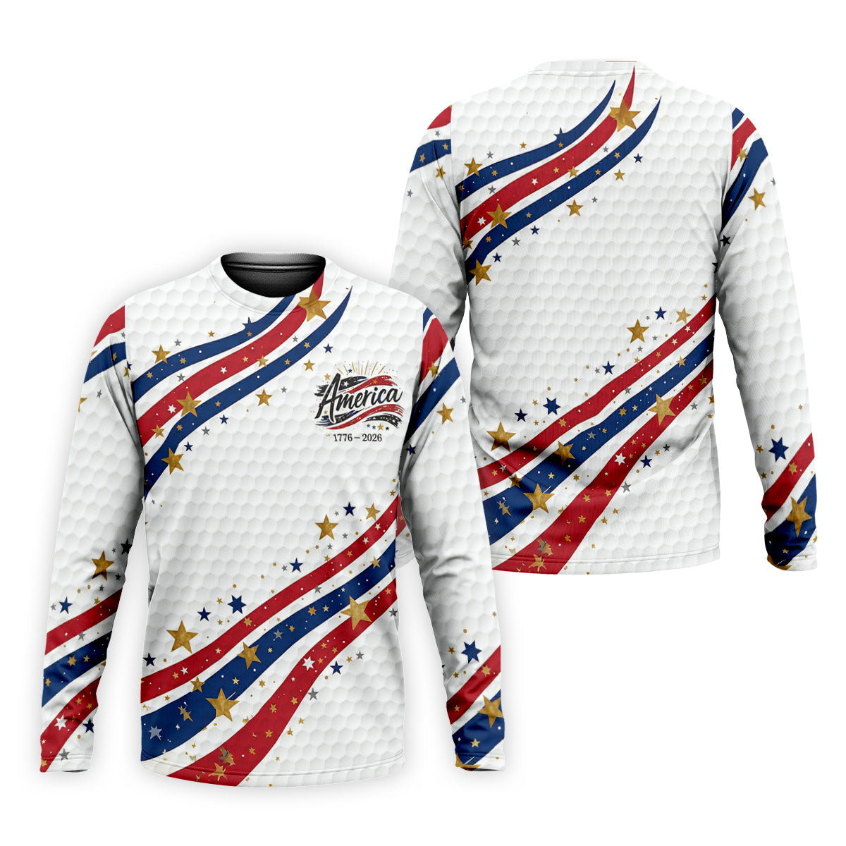 Red White Blue Wavy Stripes Golf Ball Pattern Patriotic Golf Shirt, 250th Anniversary Golf Shirts For Men