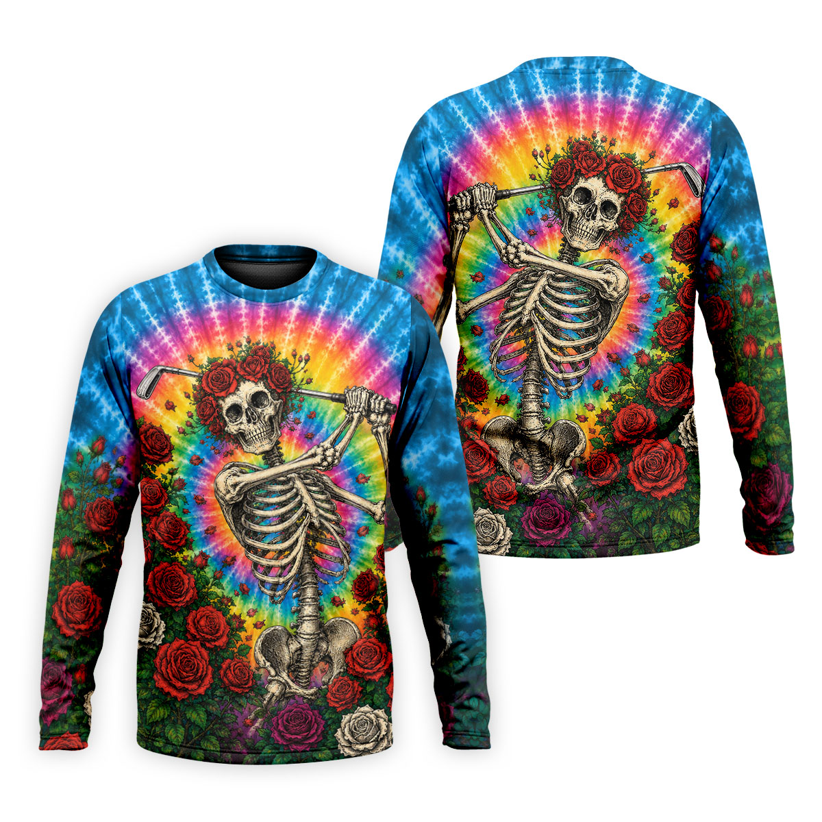 Rose Tie Dye Skeleton Golfer Halloween Polo Shirt, Mens Golf Shirts, Printed Golf Shirts